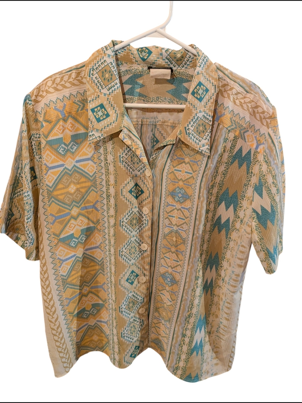 Patterned Lightweight Short-Sleeve Shirt Jacket in Beige & Teal